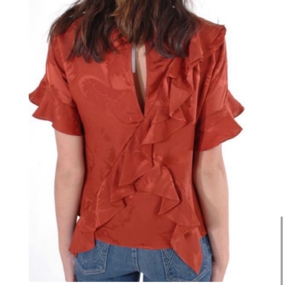 Cinq A Sept Silk Top Blouse Ruffle Asymmetric Size Medium Rust Orange Jacquard - Picture 2 of 15